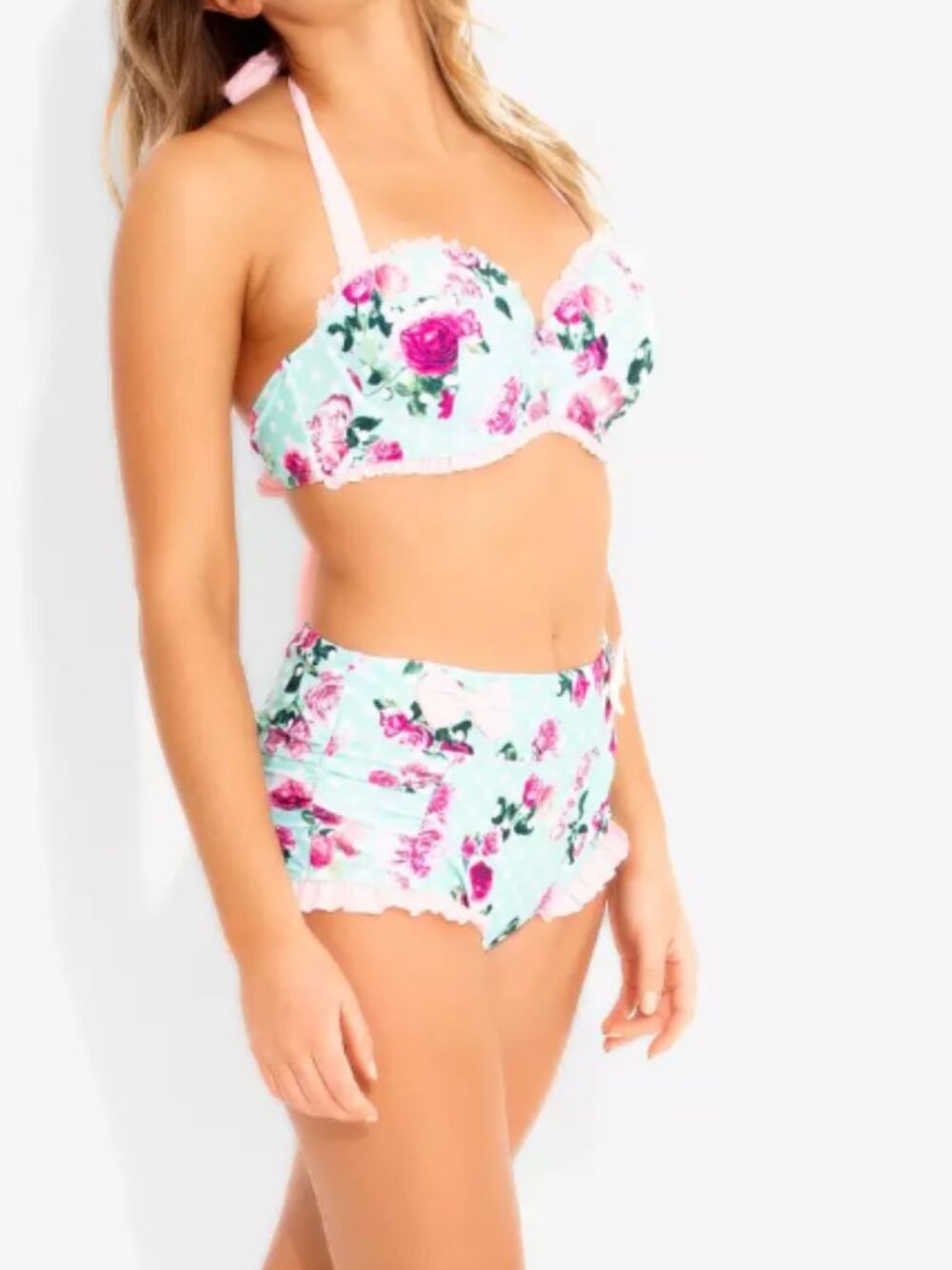 HOT TOPIC Mint Floral Polka Dot Ruffle Bows Retro 2 Piece Swimsuit size medium